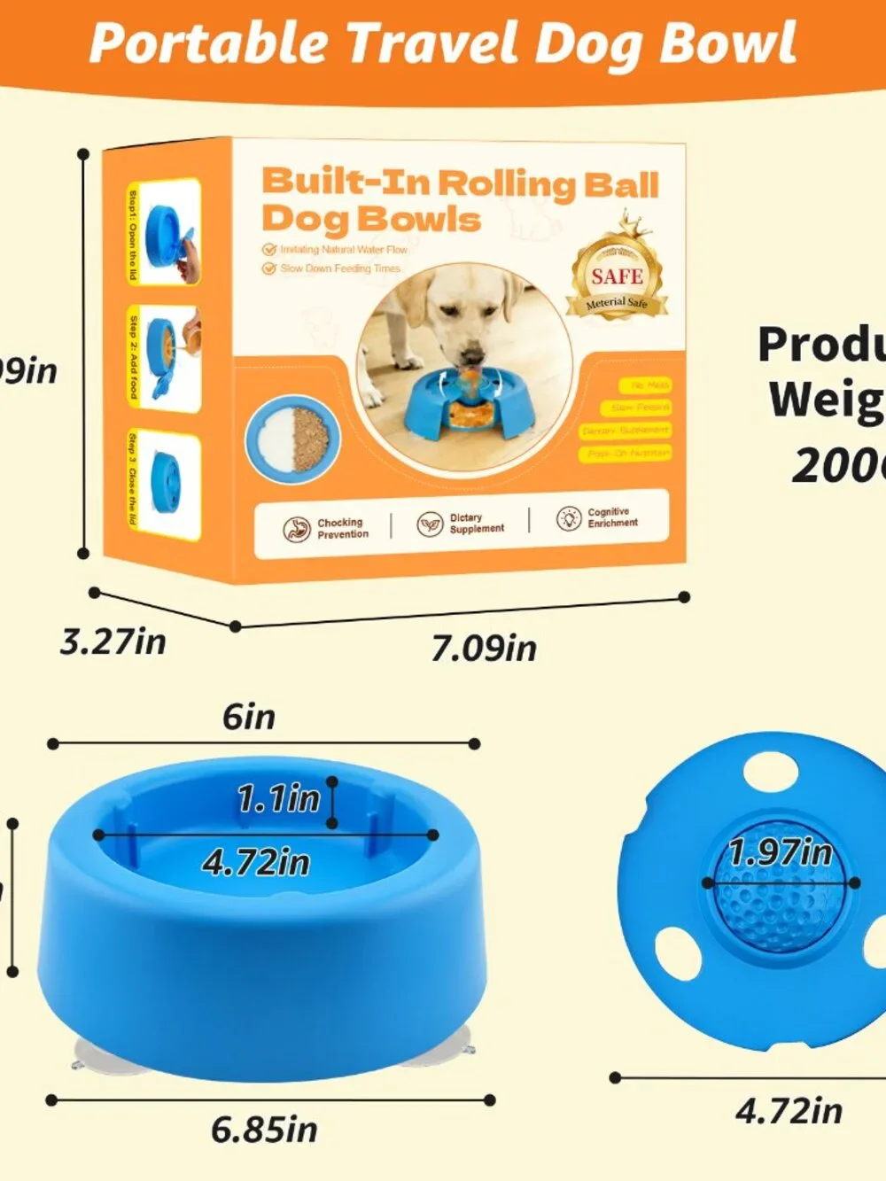 Slow Feeder Dog Bowl with Built-in Rolling Ball for Liquid Treats and Bone Broth
